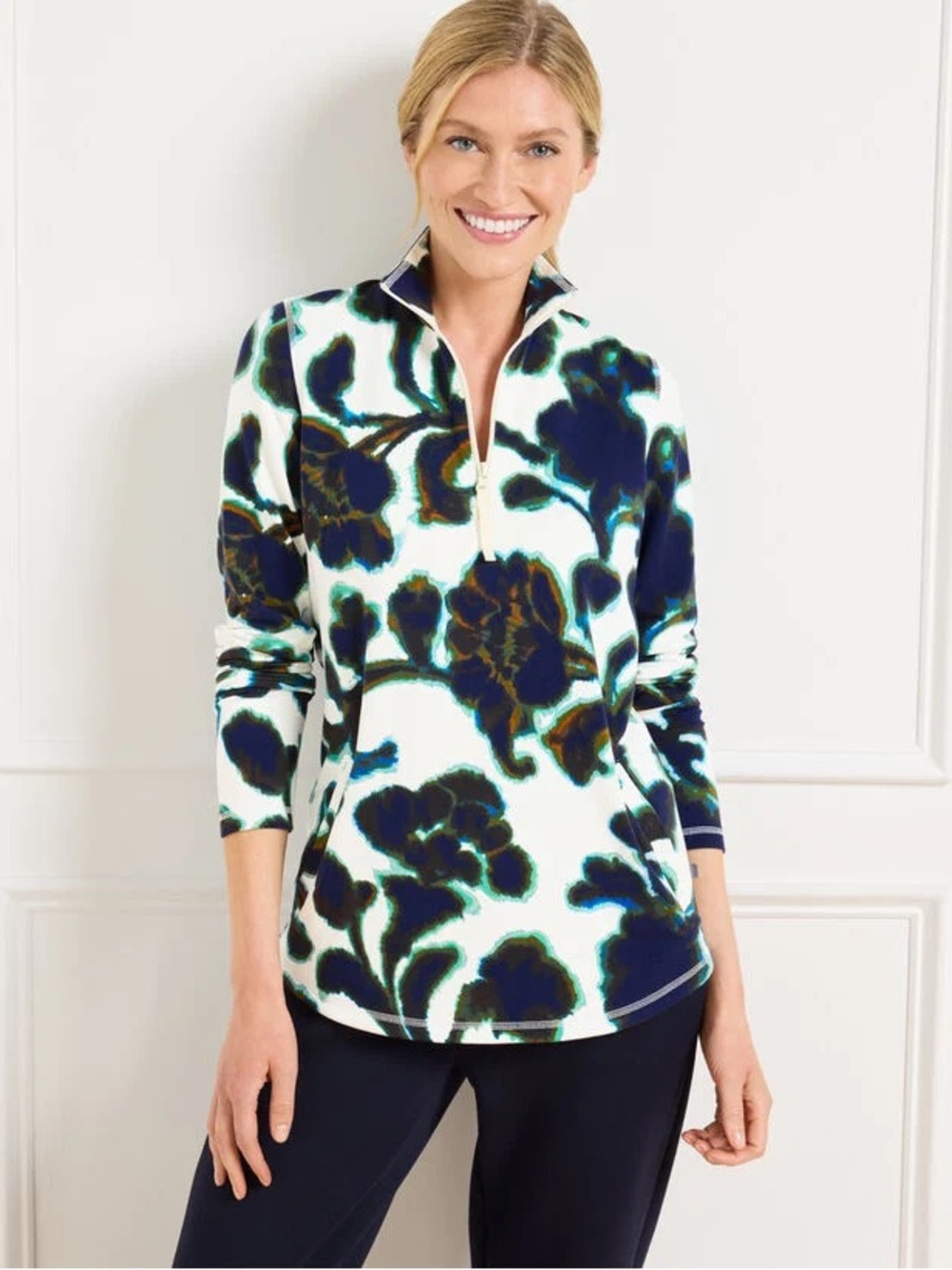 T by Talbots MODAL FRENCH TERRY HALF-ZIP PULLOVER - BLURRED FLORAL- Size X